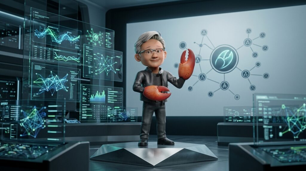 Personaje estilo keynote en entorno corporativo-tech como imagen editorial para NemoClaw y sistemas agentic