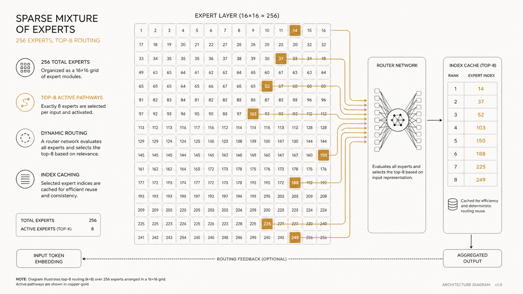 Diagrama conceptual de enrutamiento sparse MoE y reutilización de índices de atención (IndexCache) en Tencent Hy4 preview