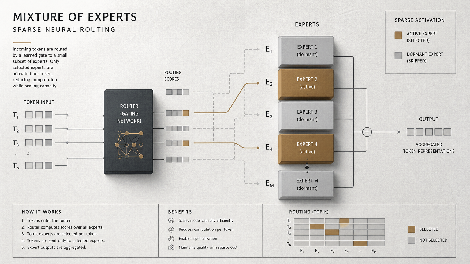 Arquitectura sparse Mixture-of-Experts (MoE) en traducción empresarial con enrutamiento selectivo de expertos