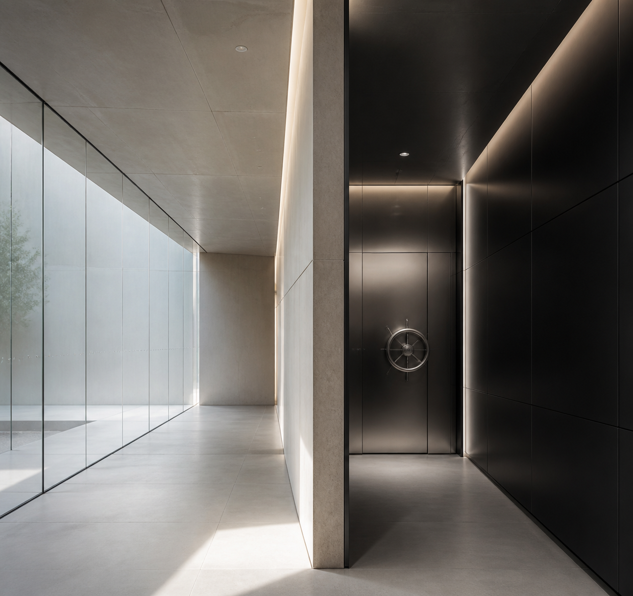 Instalación arquitectónica minimalista representando el acceso dividido y la seguridad computacional de modelos de IA de doble régimen