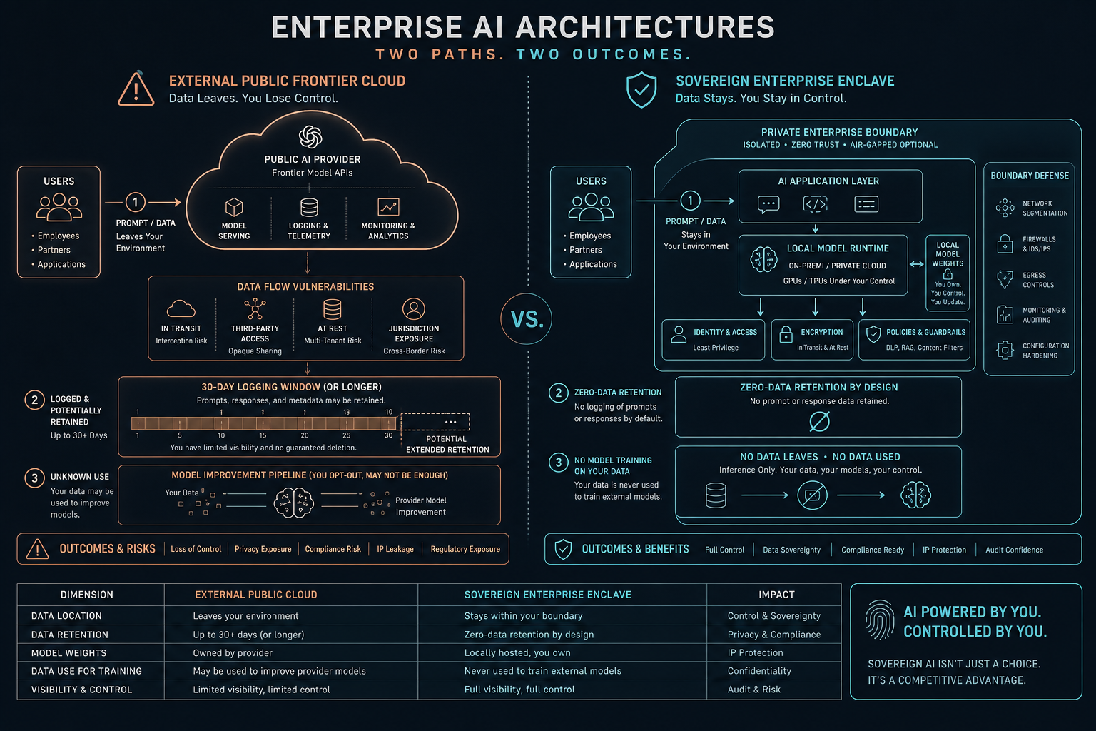 Diagrama conceptual de una arquitectura de IA empresarial aislada frente a una nube pública