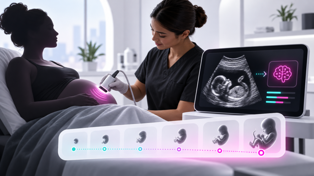 Ilustración conceptual de una ecografía prenatal asistida por inteligencia artificial con una sonda portátil y una línea de seguimiento gestacional.