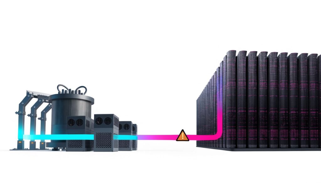 Ilustración editorial de una red eléctrica que atraviesa un cuello de botella antes de alimentar racks de un centro de datos de IA.