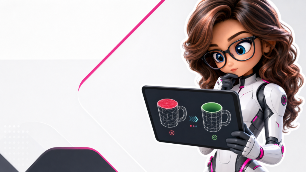 Mindy revisa en una tableta la reparación de un modelo 3D generado por IA, con una versión defectuosa y otra fabricable.