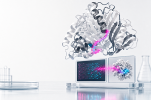Ilustración conceptual de una proteína diseñada con IA con una señal de procedencia integrada y una secuencia digital que se transforma en estructura molecular.