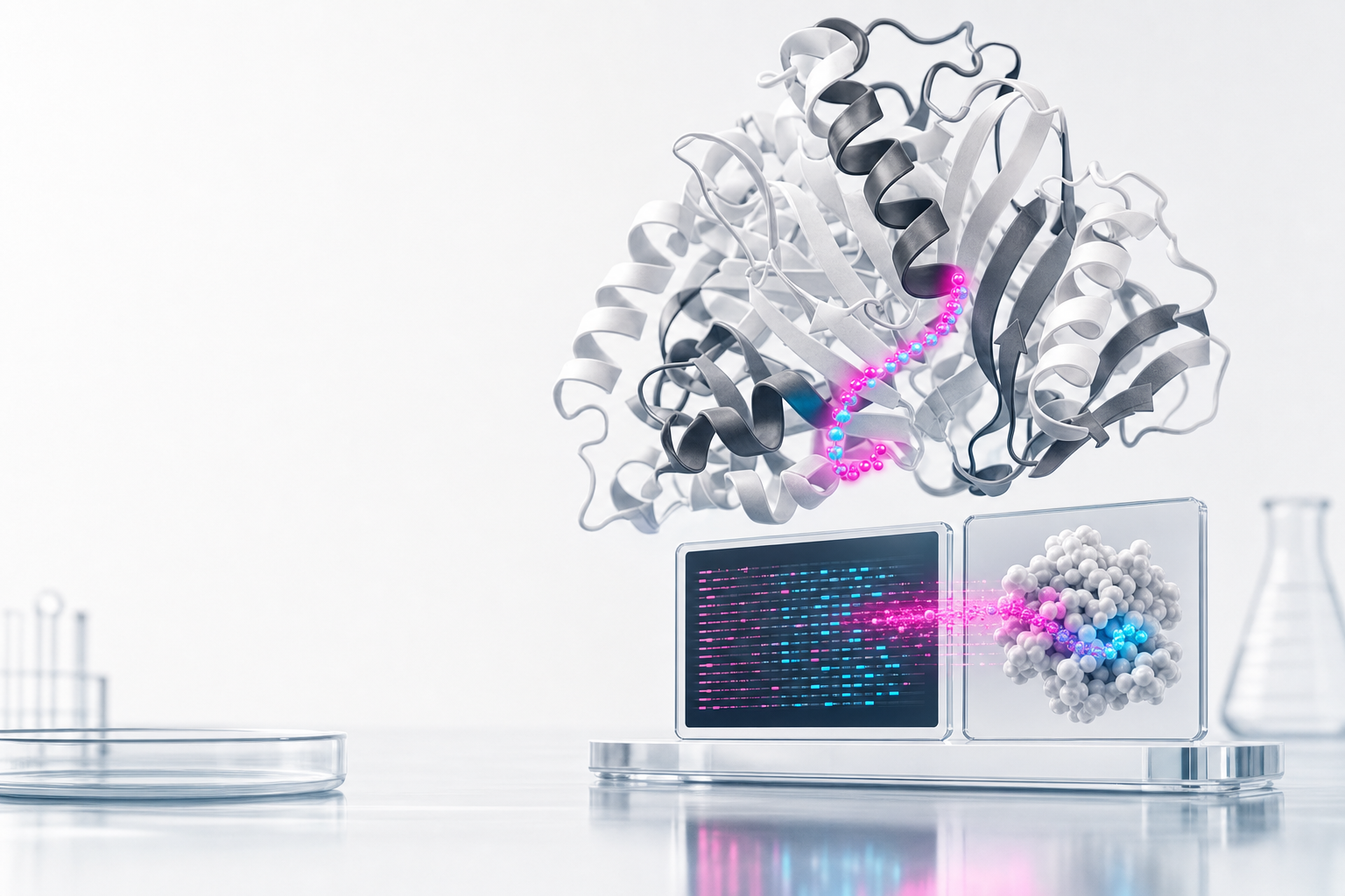 Ilustración conceptual de una proteína diseñada con IA con una señal de procedencia integrada y una secuencia digital que se transforma en estructura molecular.