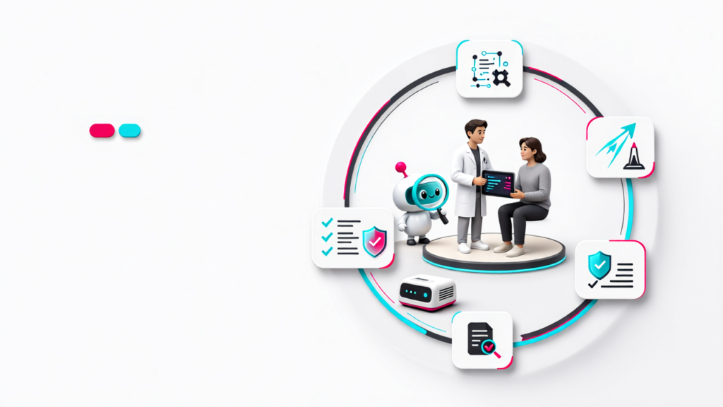 Diagrama editorial de IA médica que recorre desarrollo, despliegue, monitorización y actualización con un punto de auditoría humana