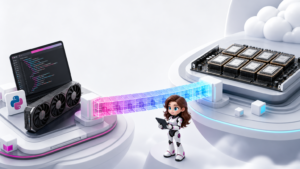 Ilustración 3D de un puente de bloques de código que conecta un entorno de desarrollo de IA con aceleradores Trainium; Mindy supervisa el cambio con una tableta.