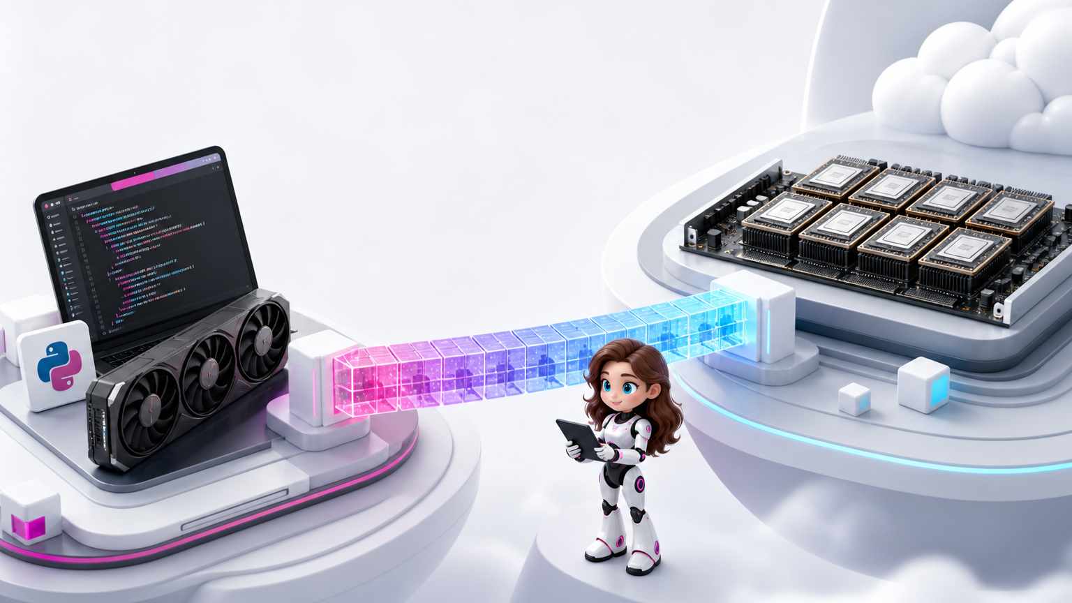 Ilustración 3D de un puente de bloques de código que conecta un entorno de desarrollo de IA con aceleradores Trainium; Mindy supervisa el cambio con una tableta.